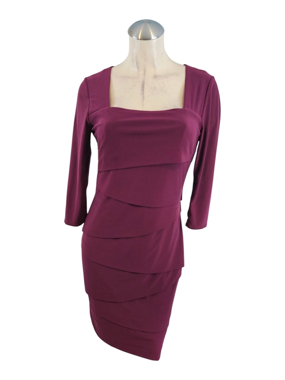 White House Black Market Size 10 Layered Sheath Dress Wine Instantly Slimming